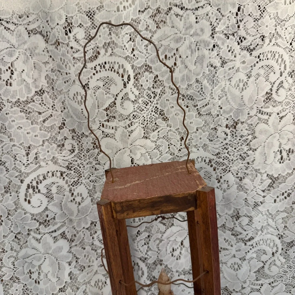 Primitive Wood and Wire Lantern with Faux Taper Candle Rustic Folk Art Farmhouse